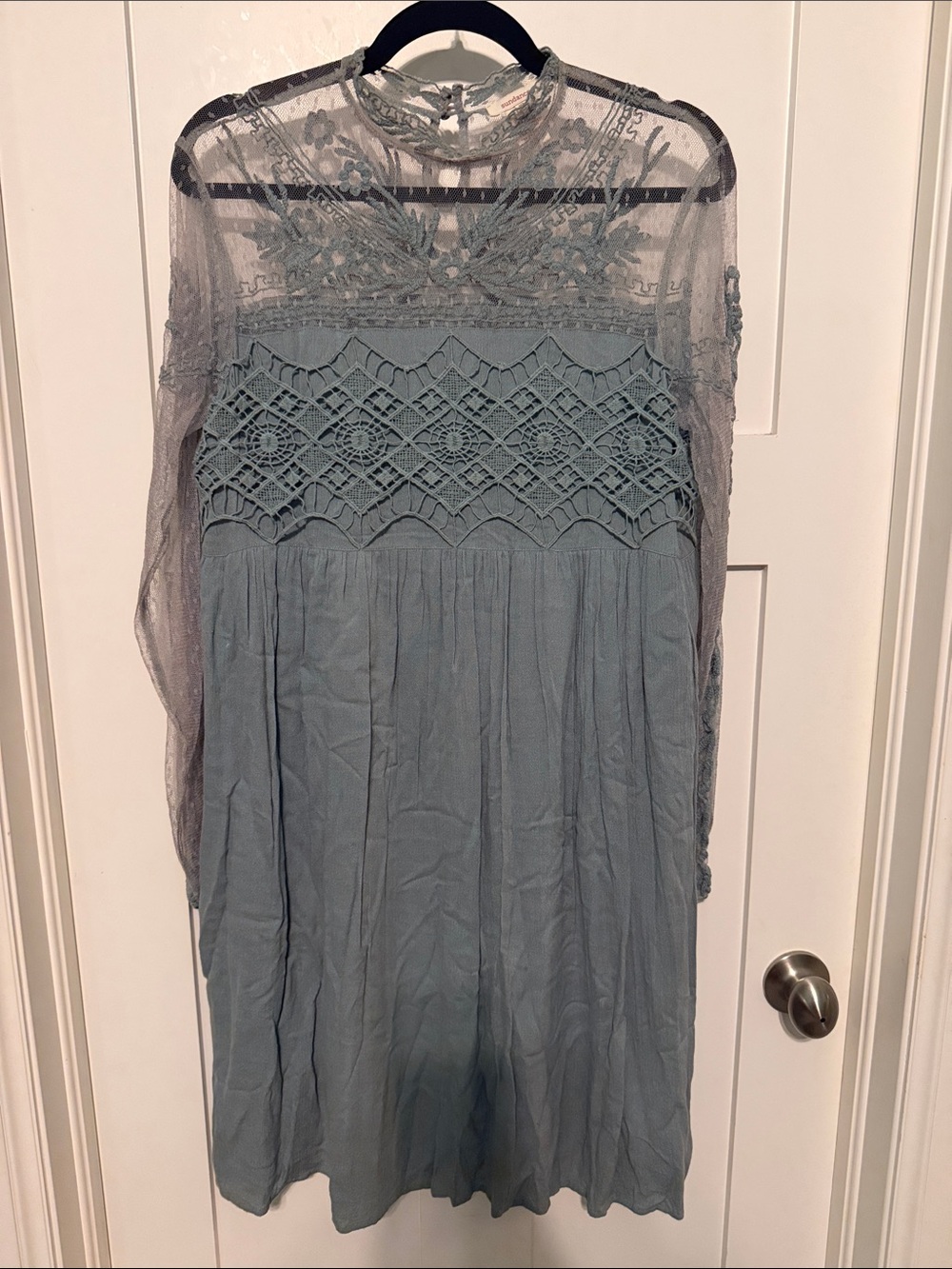 Sundance Dusty Sage Green Bohemian Cottagecore Lace Yoke Mini Dress Size 10